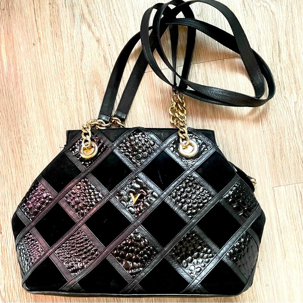 Black Leather Crossbody Bag with Gold Accents